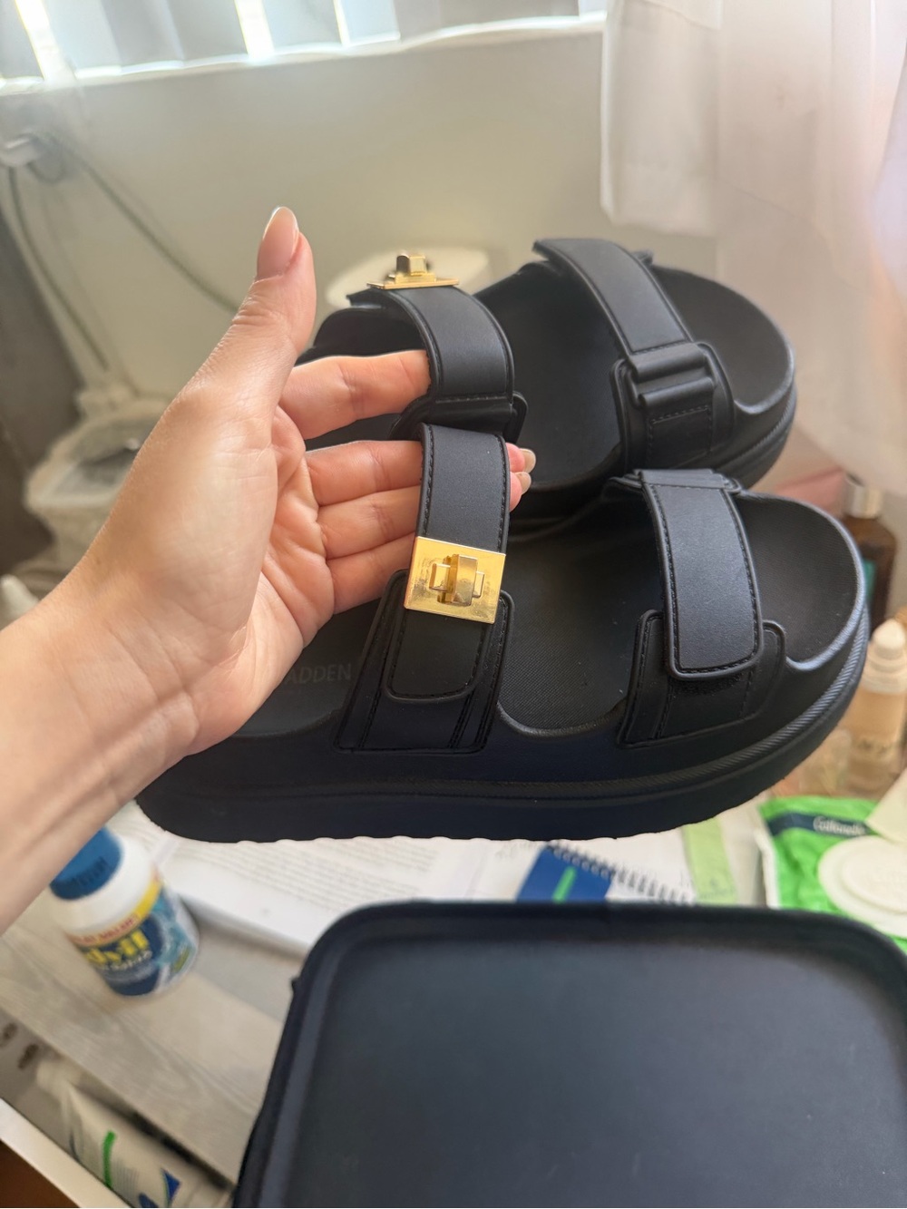 Black Gold Buckle Platform Slide Sandals - Picture 4 of 8